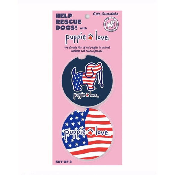Puppie Love USA Pup Car Coasters (set of 2) NEW Fast Ship - Picture 1 of 4